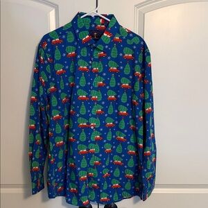 Holiday-Themed Blue Men's Shirt with Tree and Car Print